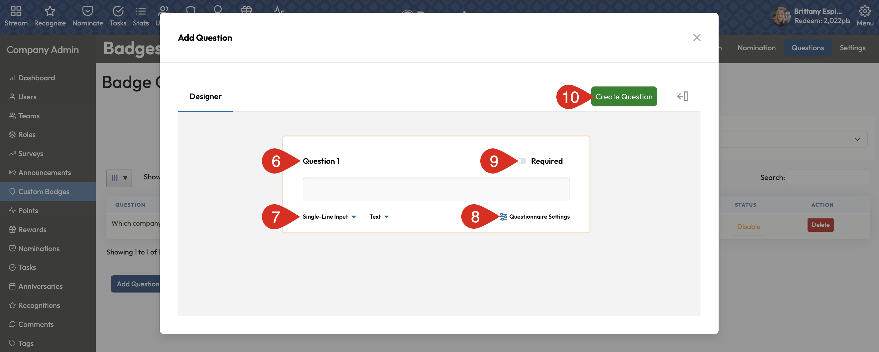 Required toggle and Create Question button