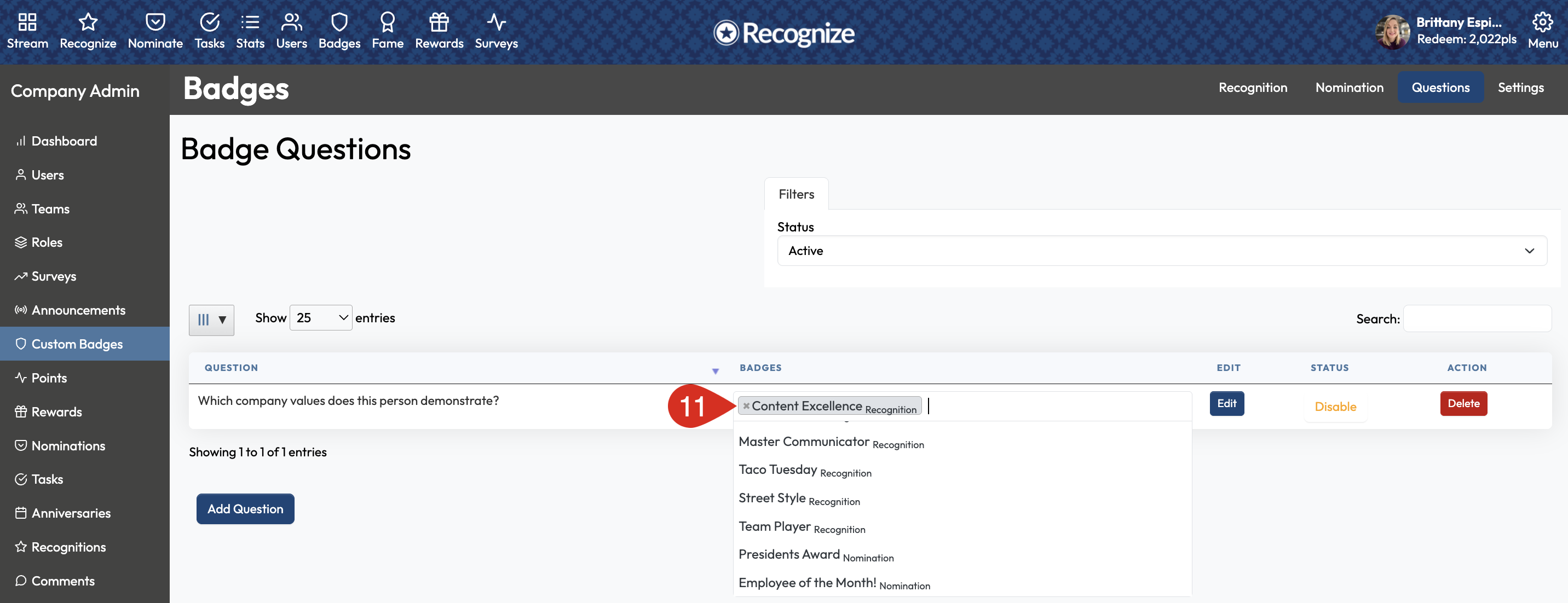 Assigning a question to Recognition or Nomination badges