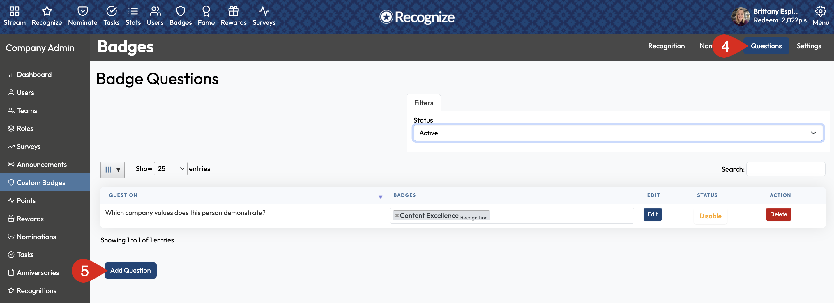 Questions page with Add Question button