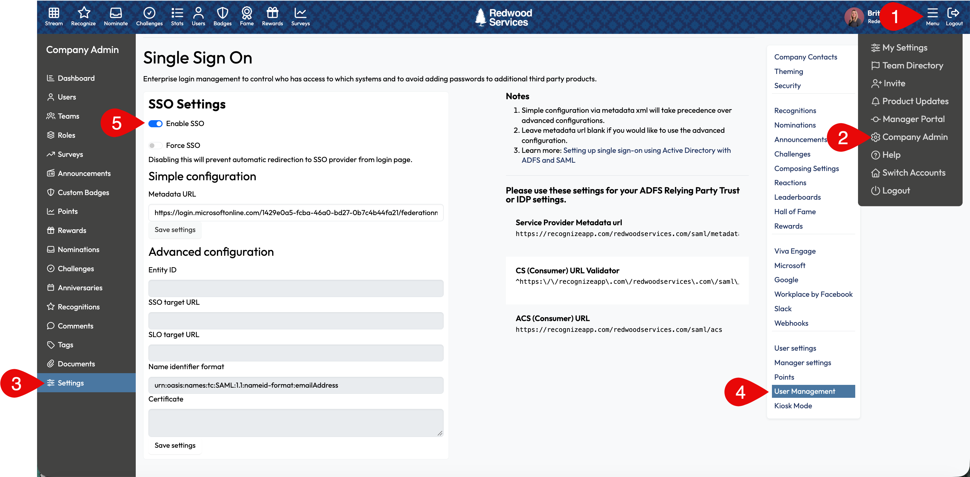Enable SSO and save settings in Recognize