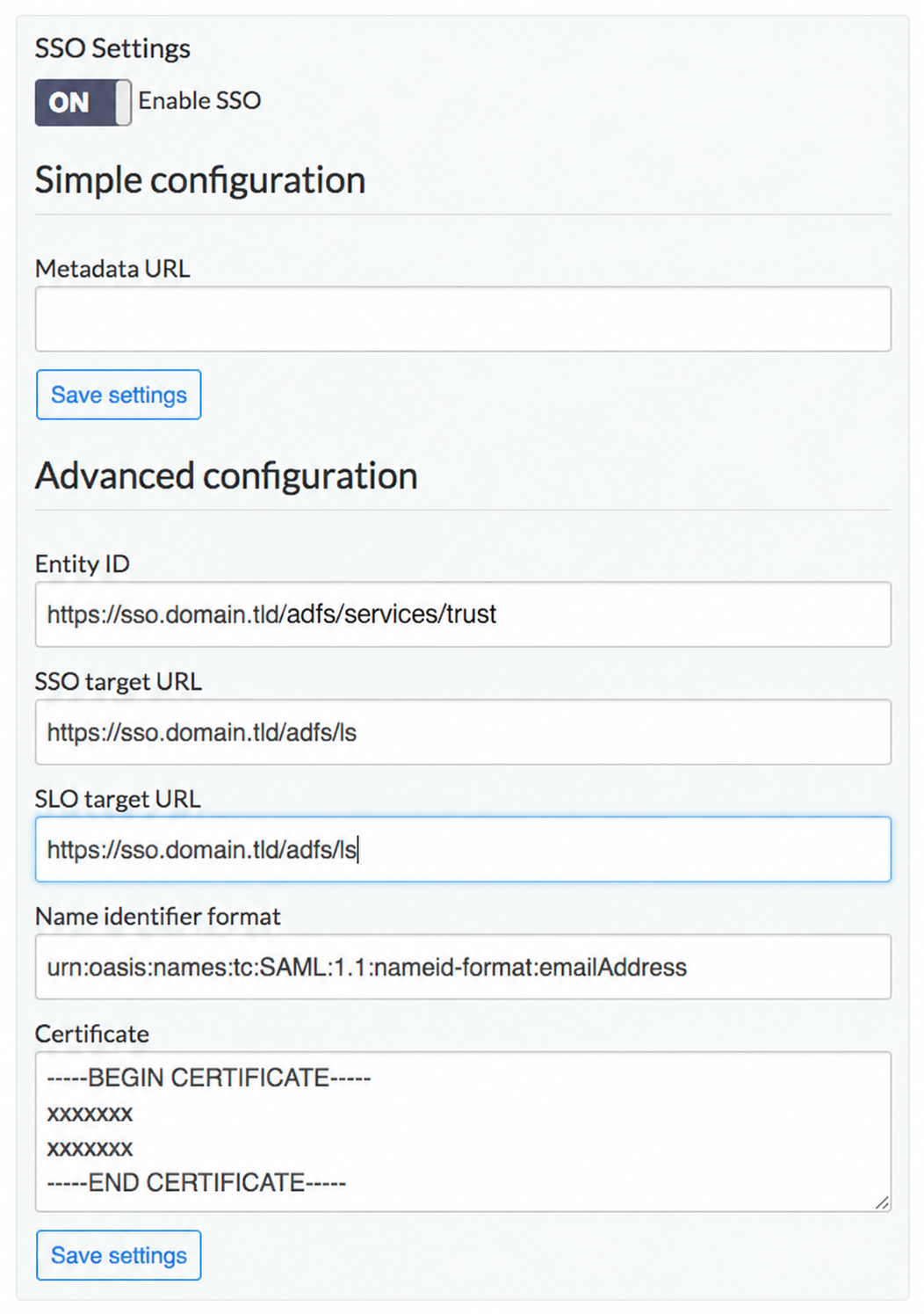 AD FS configuration fields in Recognize SSO Settings