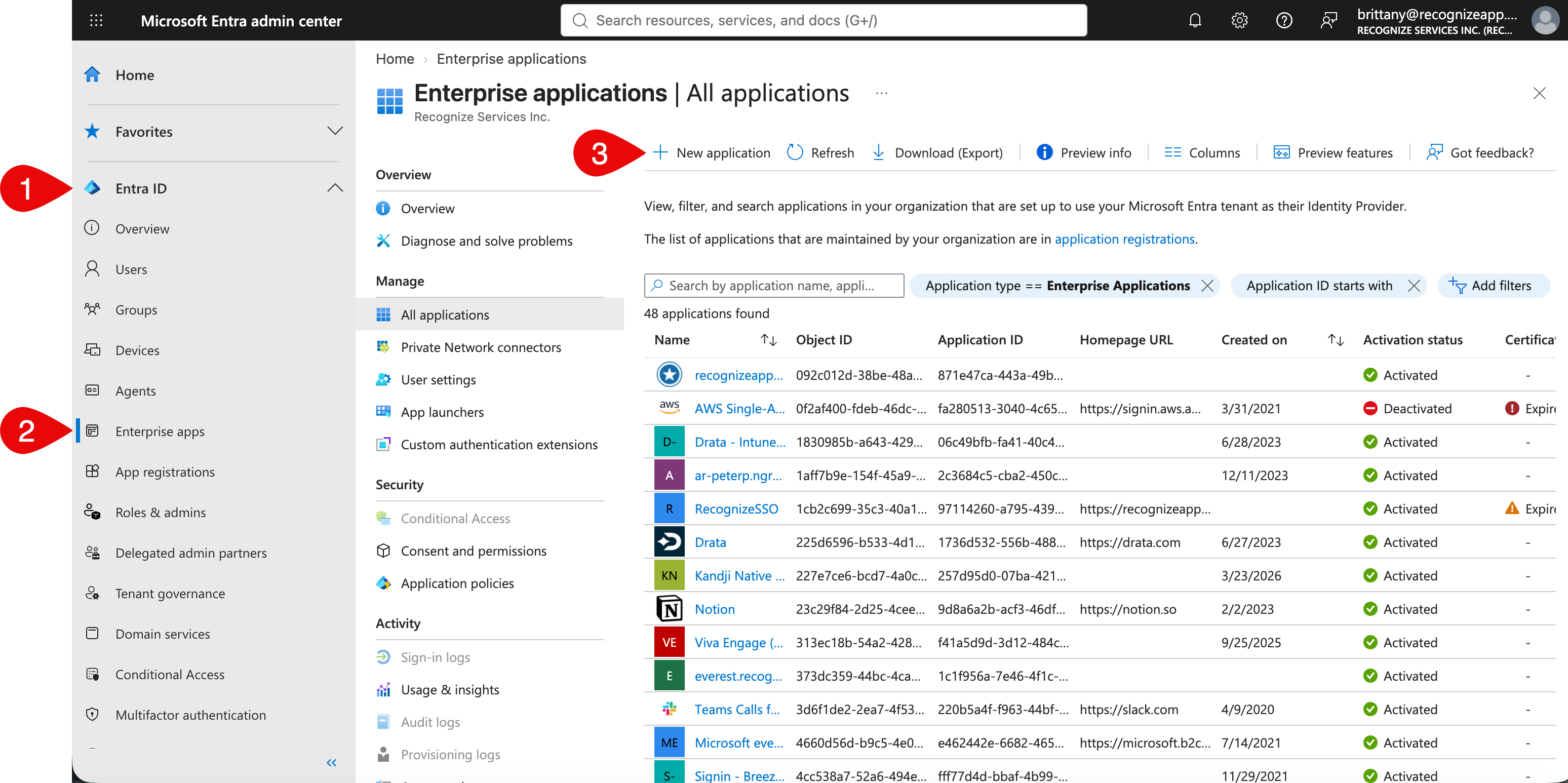 Microsoft Entra admin center: open Enterprise apps and select New application