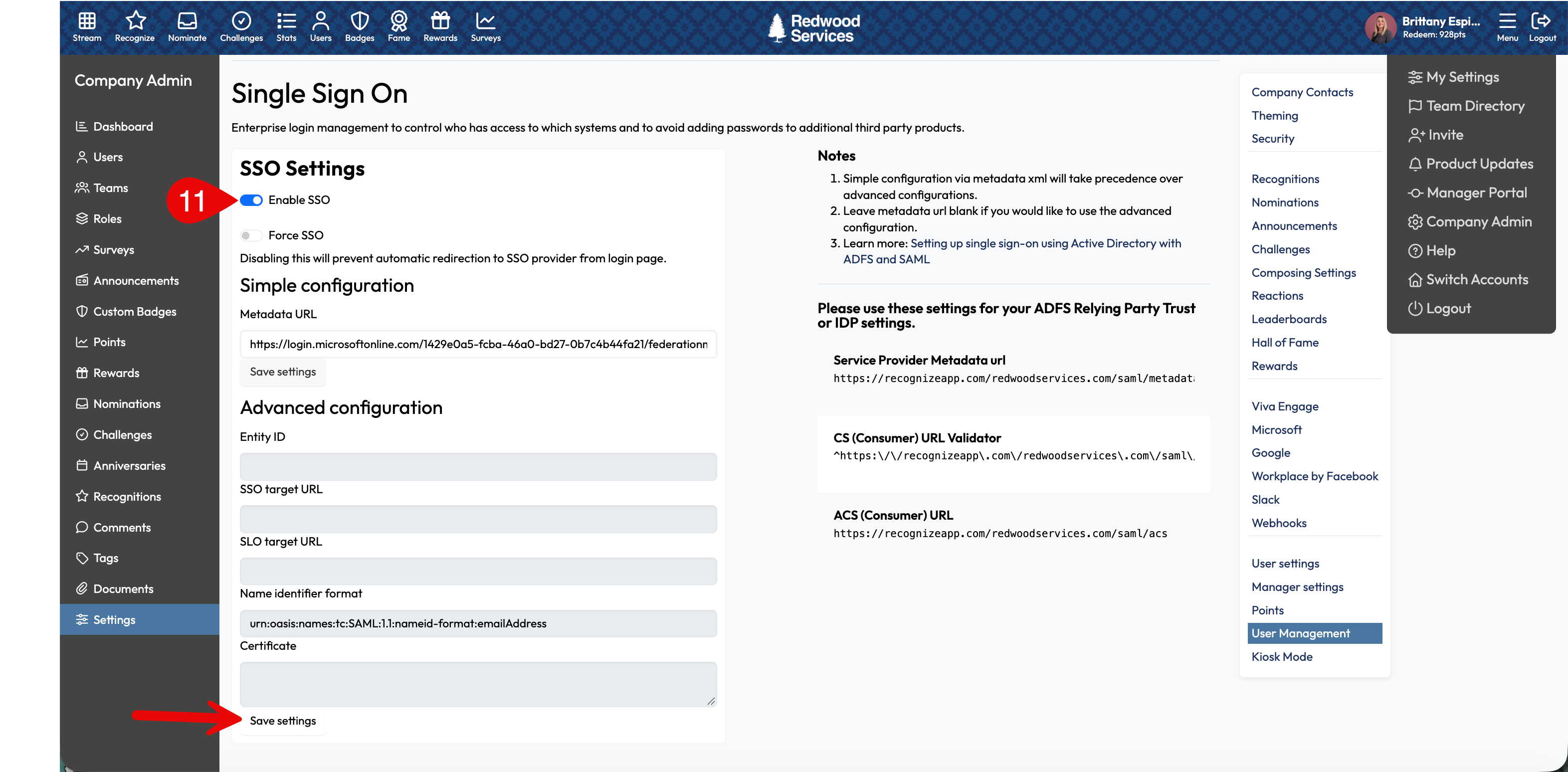 Recognize: enable SSO and save the Entra configuration