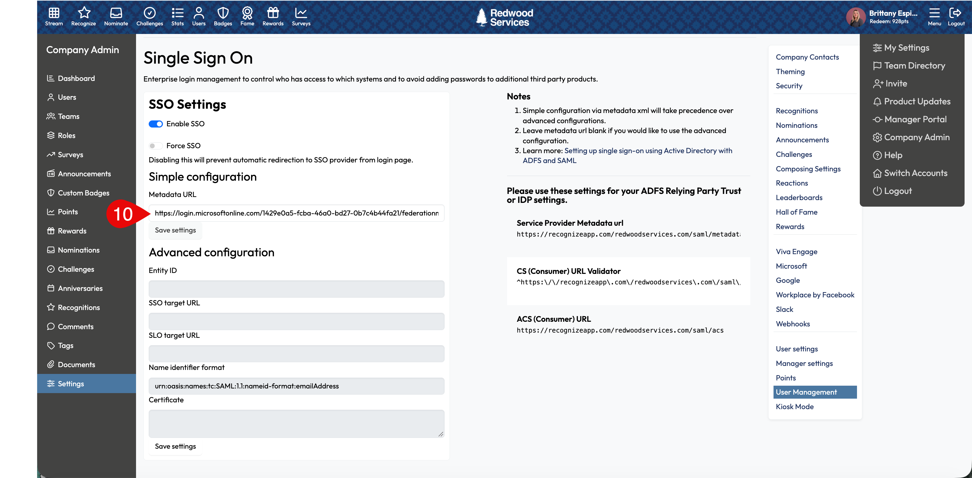 Recognize SSO Settings: paste the Entra metadata URL under Simple configuration