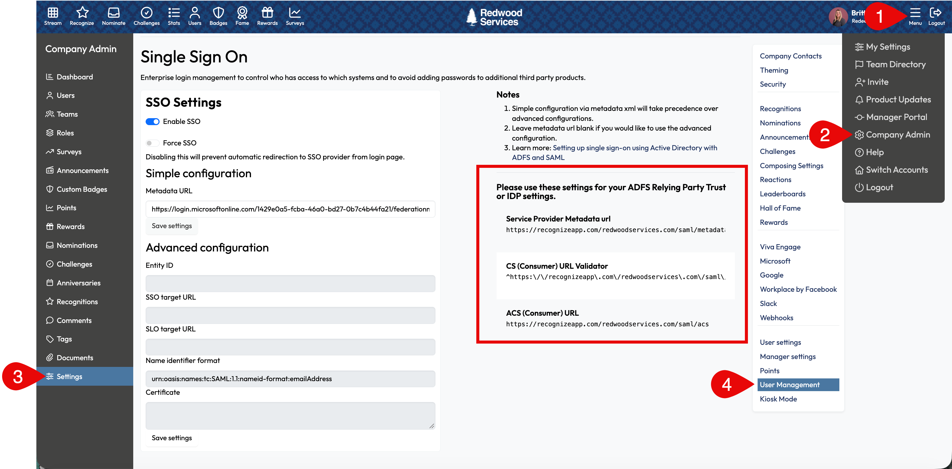 Where to find SSO Settings in the Recognize Company Admin