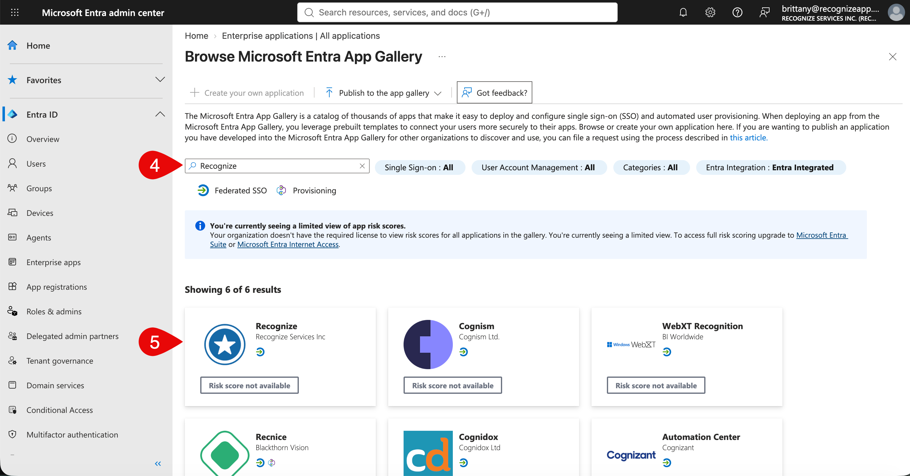 Microsoft Entra gallery: search for Recognize and add it to your tenant