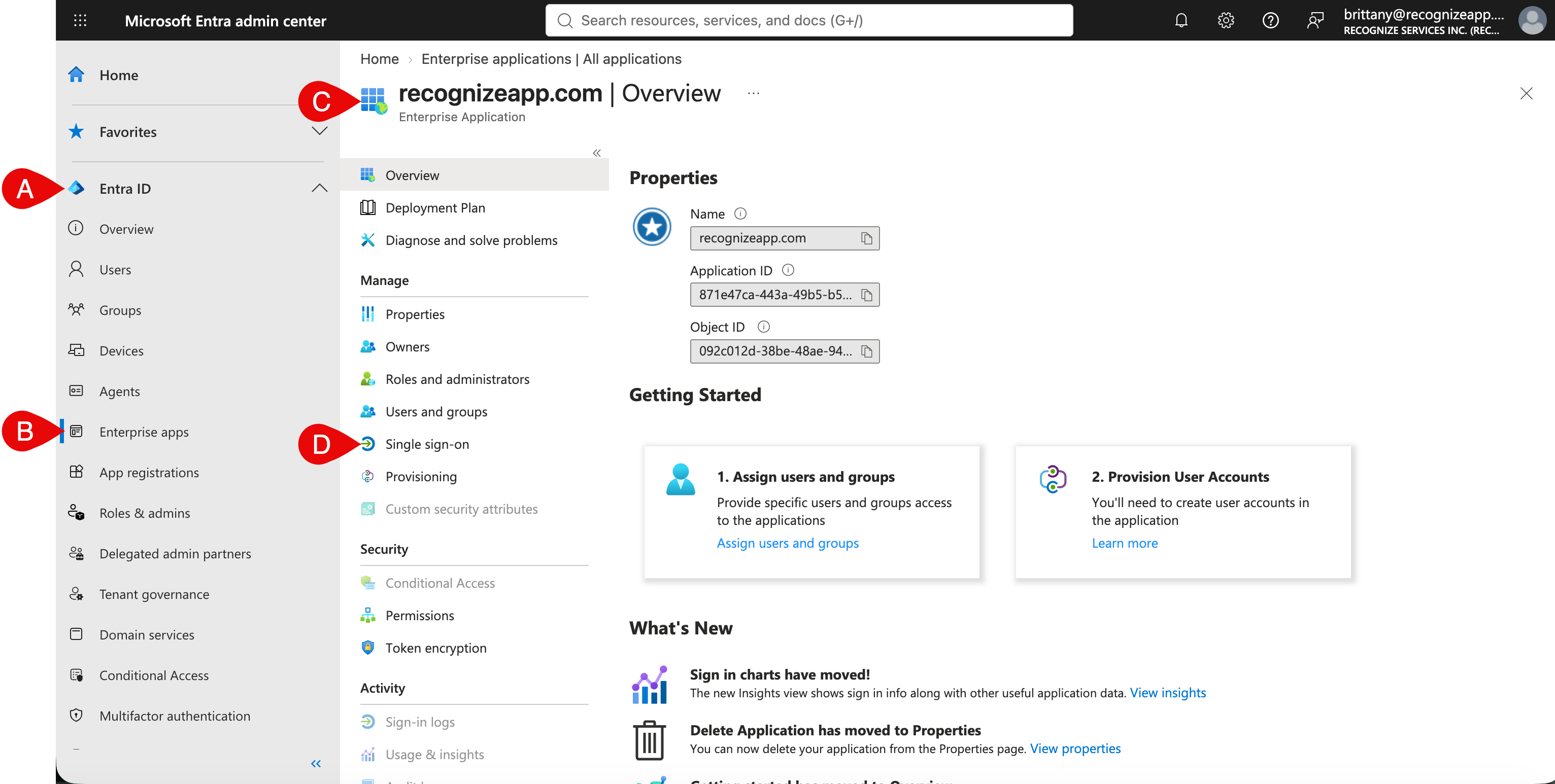 Microsoft Entra: open Single sign-on for the Recognize enterprise application