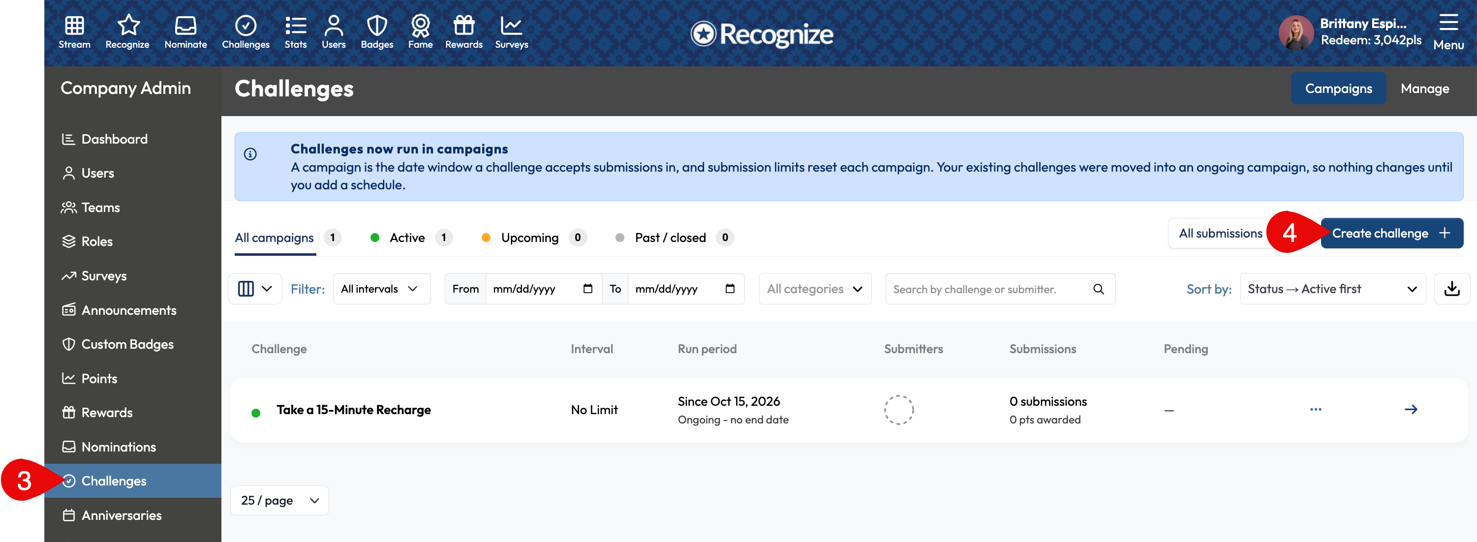 Steps 3 and 4: Select Challenges in the Company Admin navigation, then select Create challenge on the Campaigns page.