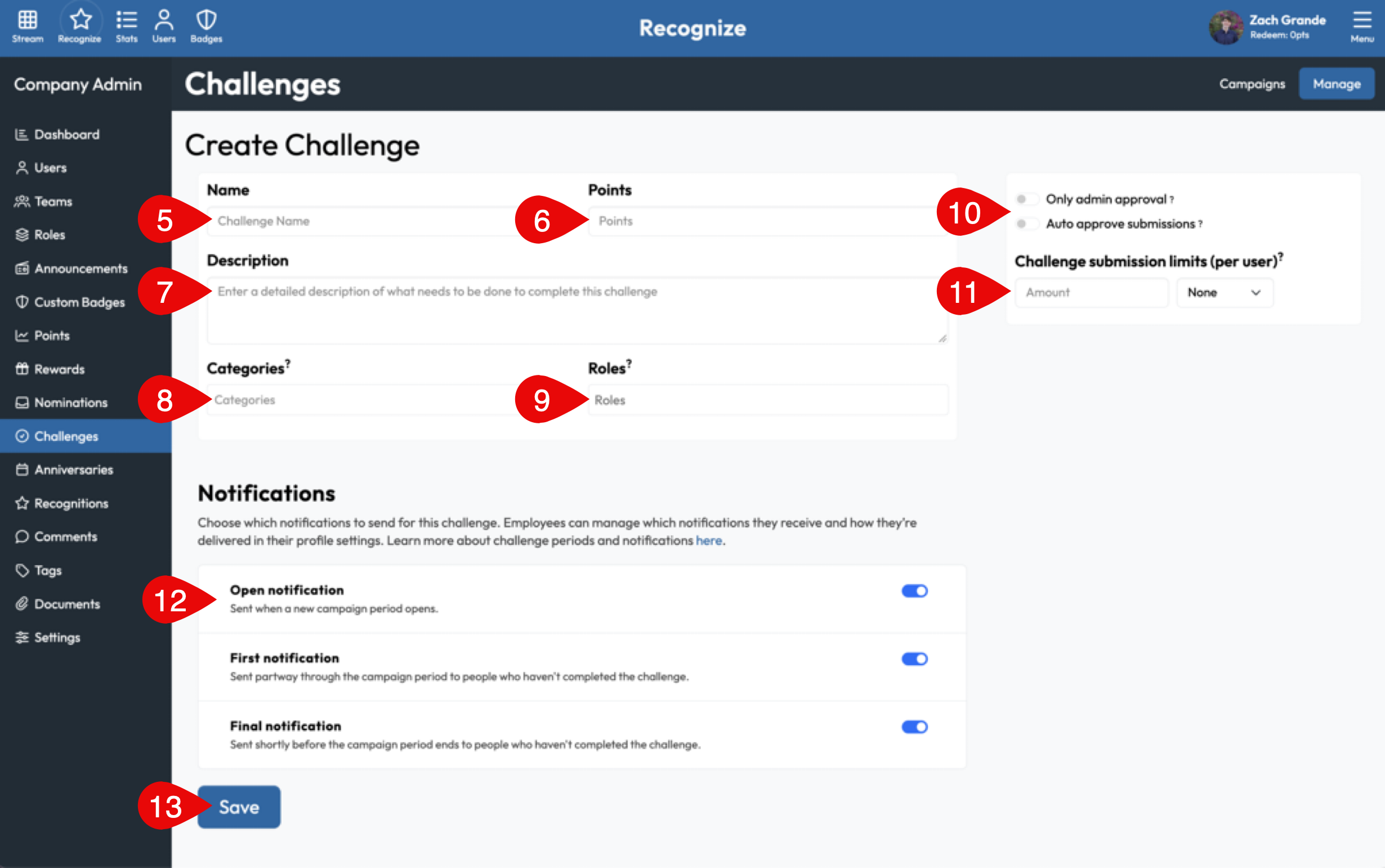 Steps 5–13: Complete the Challenge form, configure approval settings, submission limits and reminders, then select Save.