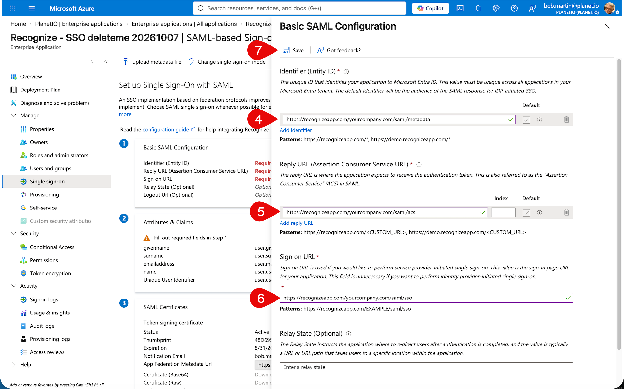 Microsoft Entra Basic SAML Configuration showing Identifier, Reply URL, Sign on URL, and Save