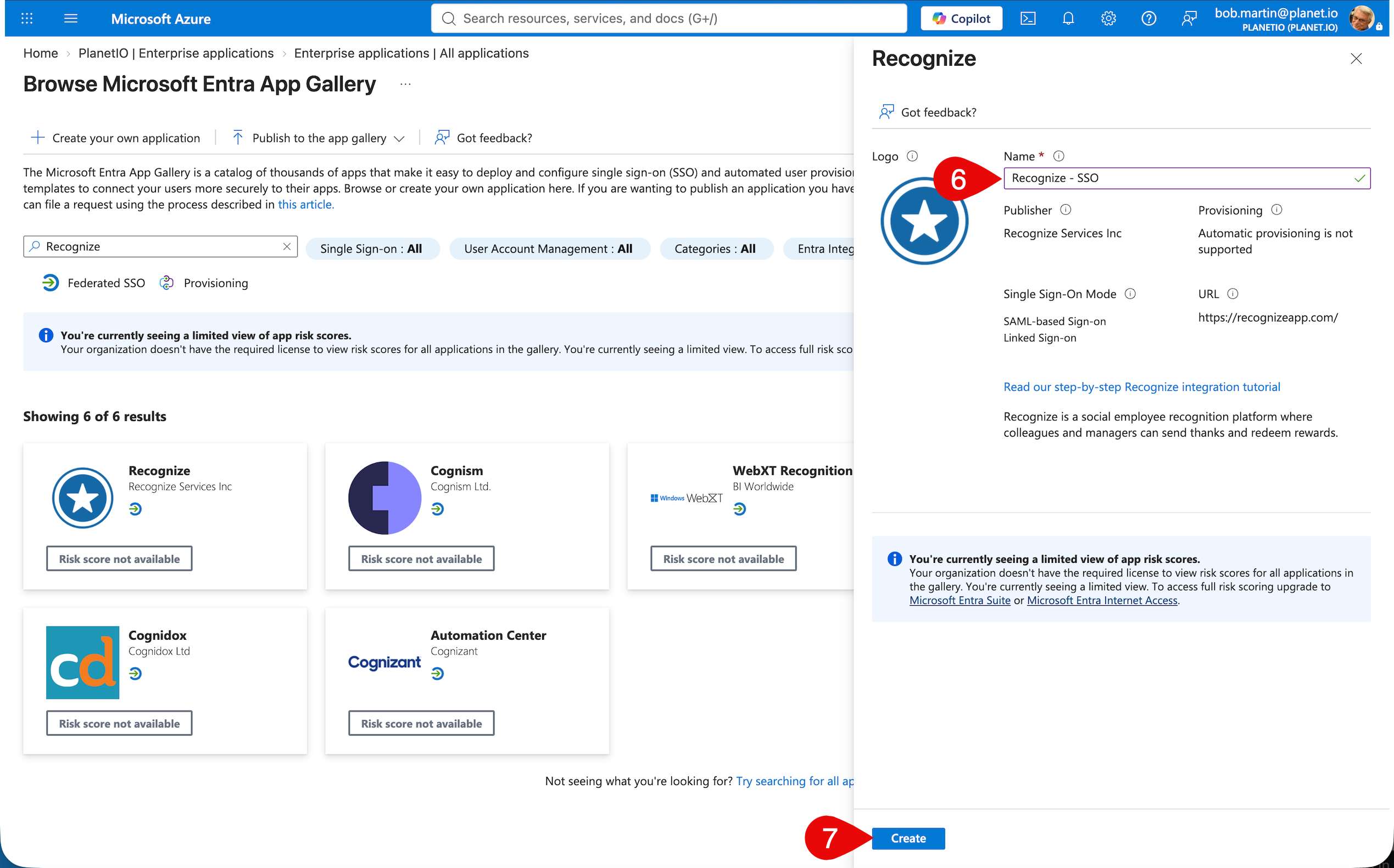 Microsoft Entra gallery: name the Recognize application and select Create