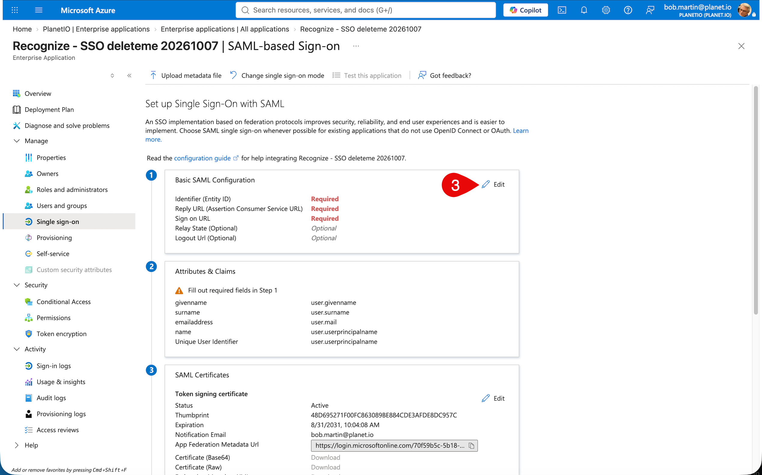Microsoft Entra: edit Basic SAML Configuration