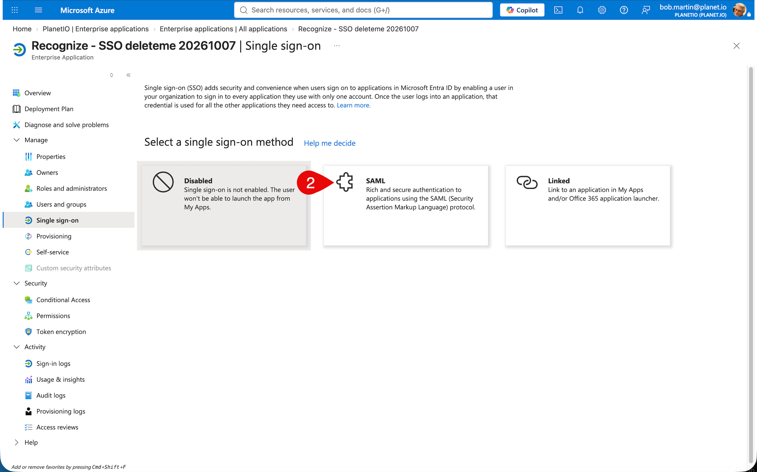 Microsoft Entra: select SAML