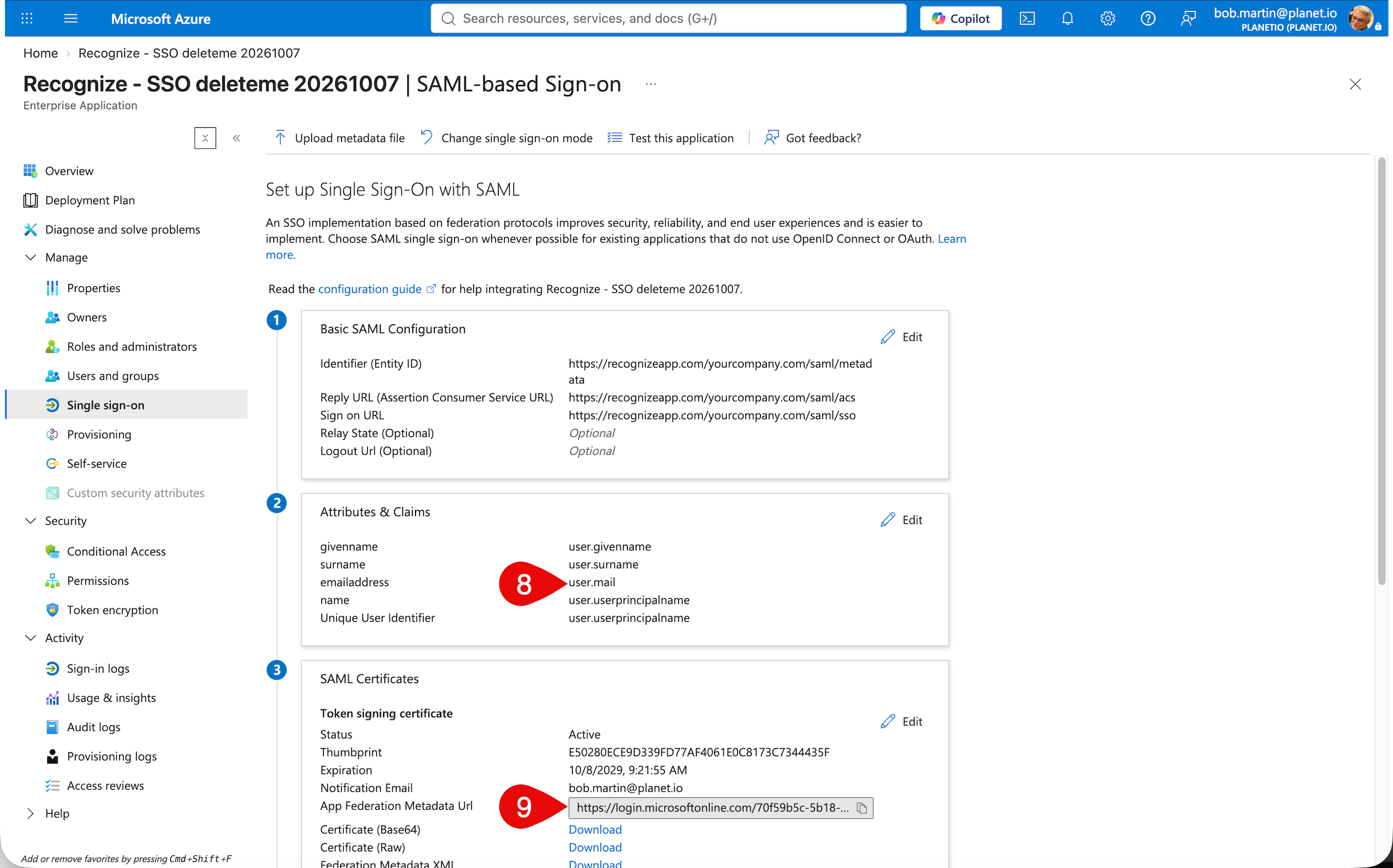 Microsoft Entra Attributes and Claims: verify the Name ID matches the Recognize employee email