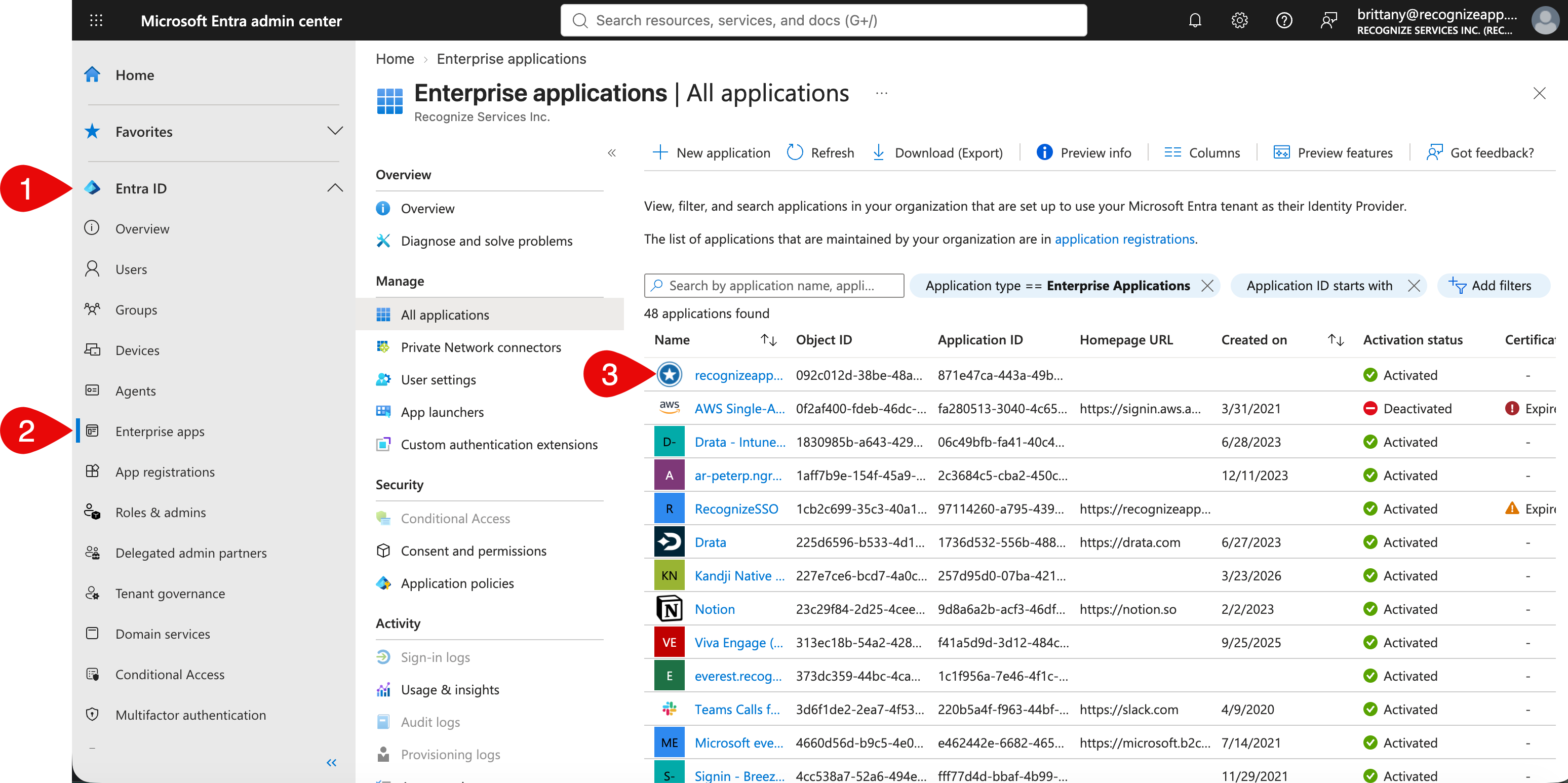 Microsoft Entra admin center: navigate to the Recognize enterprise application