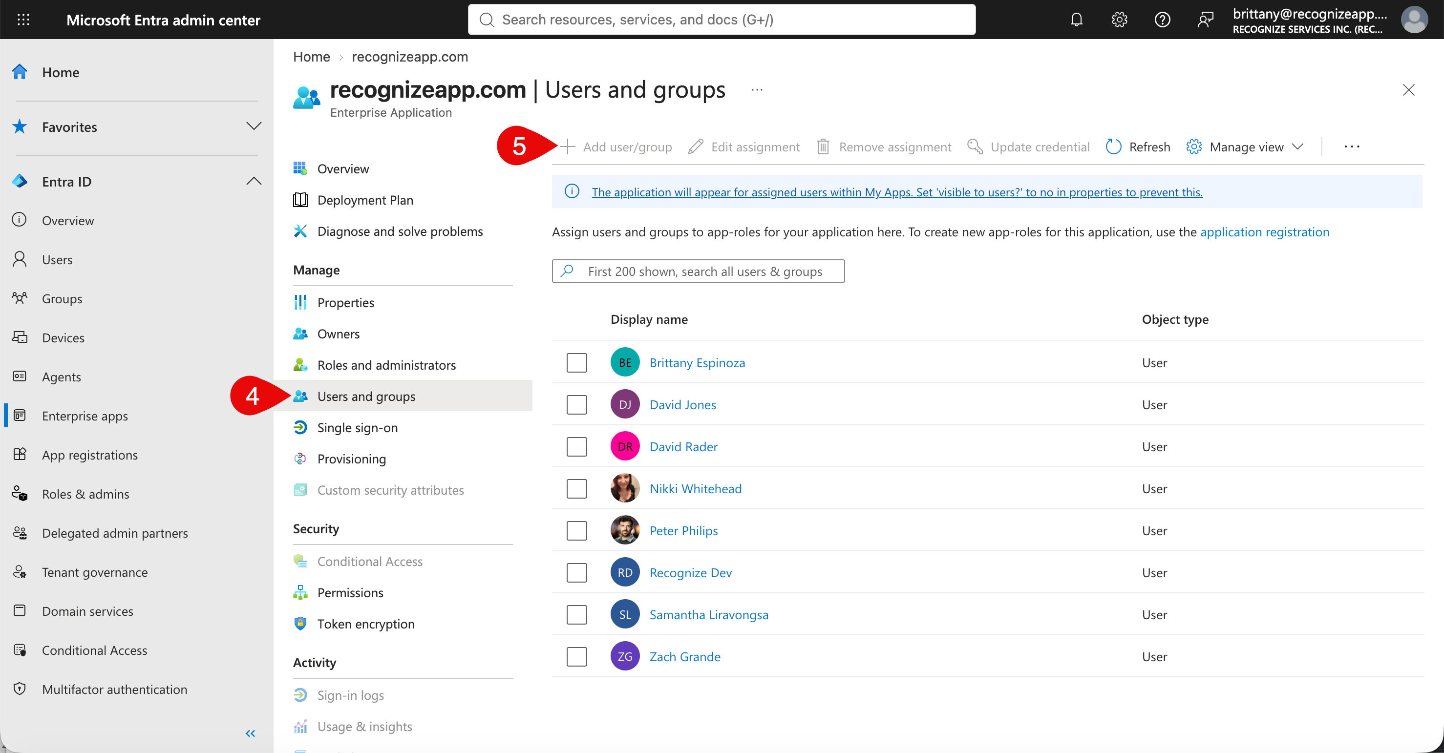 Microsoft Entra: add a user or group to the Recognize enterprise application