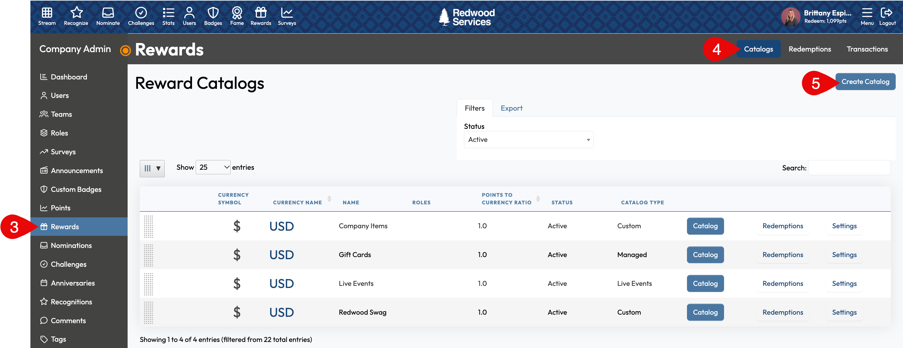 Rewards Catalogs tab showing Create Catalog